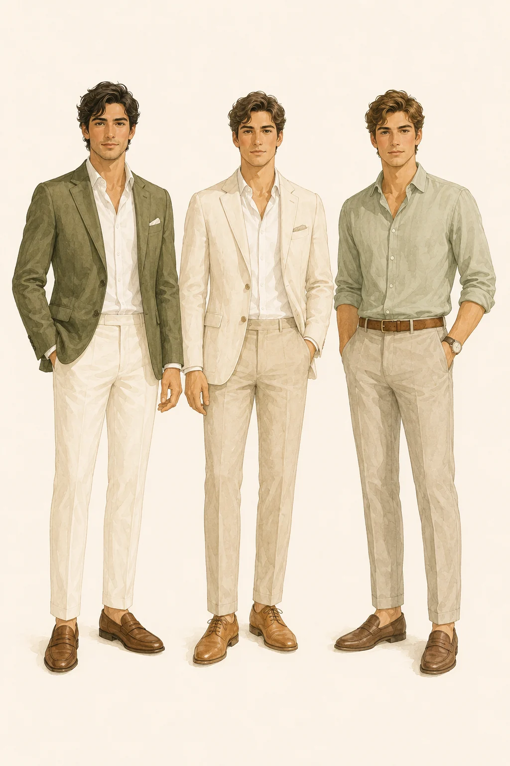 Three examples of Semi Formal attire for men: an olive blazer with cream trousers, a cream linen blazer, and a sage dress shirt with stone trousers